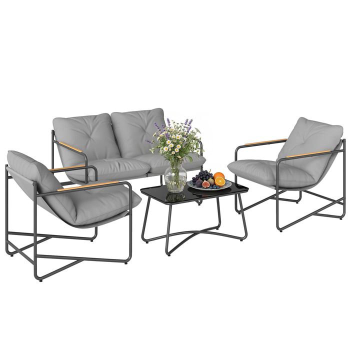 Salon de jardin - Outsunny - 4 pièces avec canapé 2 places 2 fauteuils et table basse en verre trempé - 1138x735x67cm - gris clair