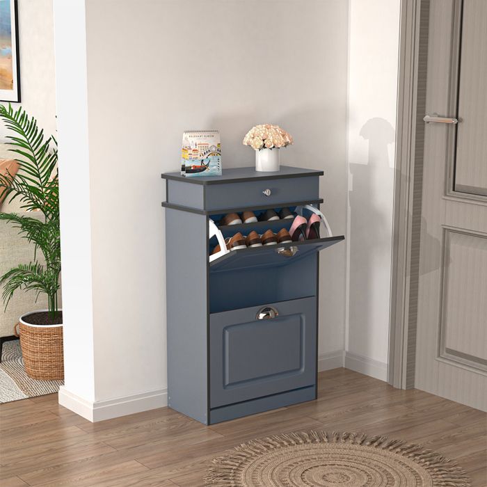 Meuble à chaussures laqué Gris deux casiers rabattables ERROLVES grand volume de rangement -Dimensions 49 × 22 × 85 cm