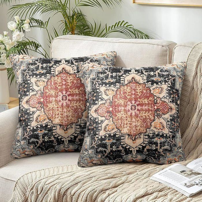 Lot de 2 Housses de Coussin bohème 40 x 40 cm Style Ethnique Mandala Fleur décoratives Vintage 40 x 40 cm (Lot de 2)