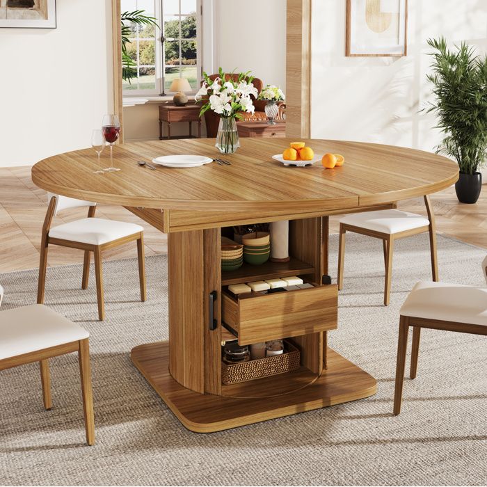 Table à manger extensible ronde à ovale 118-158 cm 6 personnes avec tiroir et rangement MDF marron