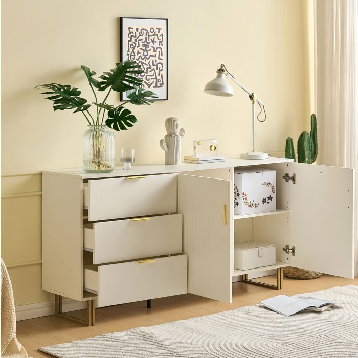 MEUBLIV Buffet bas 160 cm blanc en MDF 3 tiroirs et 2 portes poignées dorées pour salon ou salle à manger
