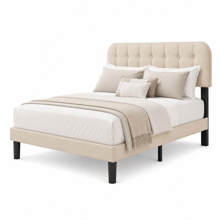 Structure de Lit - Bealife - Lit 140x200 - Tête de Lit Réglable 109–119 cm - Lattes en Bois - Lit Double - Rangement 20 cm - Beige