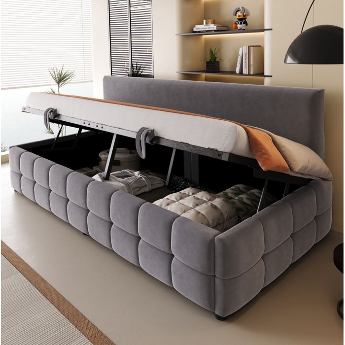 JOINERY lit adulte coffre rangement 90 x 200 cm rembourré velours gris avec dossier sans accoudoirs sommier à lattes inclus