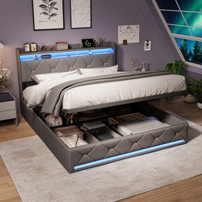 Lit 140×200 avec Rangement Hydraulique Lit LED avec USB Type-C et Recharge Sans Fil Lit Double avec Sommier Lit Rembourré Lin Gris
