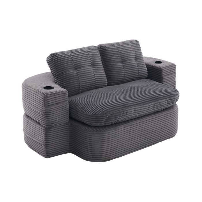 Canapé convertible 2-en-1 2 places en velours côtelé gris foncé assise extra profonde accoudoirs amovibles