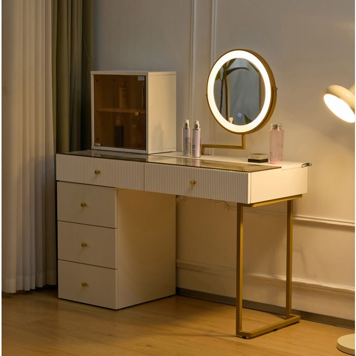 Coiffeuse En Verre Et Blanc Dore Table De Maquillage Moderne FloraGrace Pour Chambre Rangement Modulable 120x45x115cm