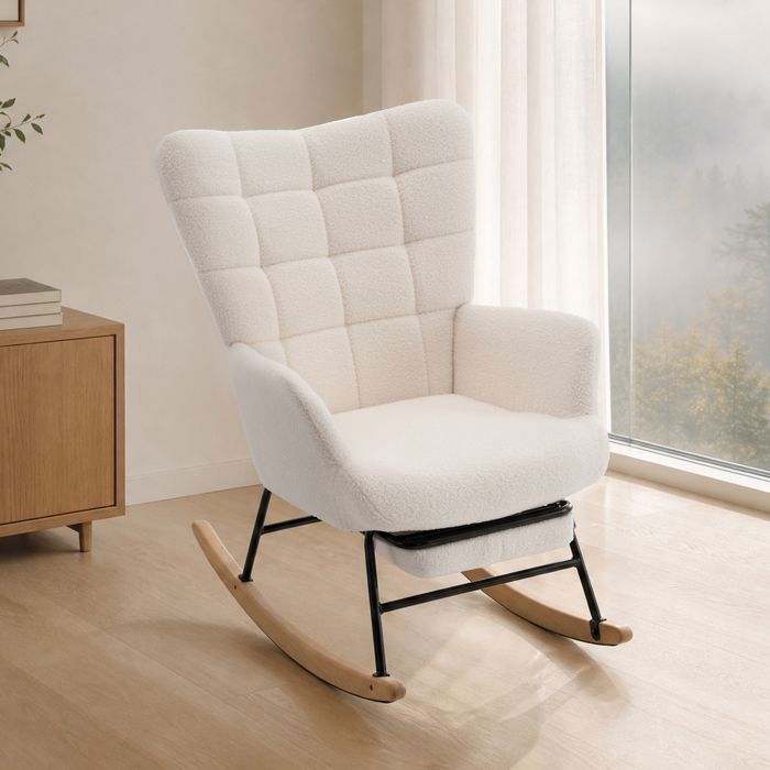 ROVRYN Fauteuil à bascule 68x88x91 cm rocking chair avec dossier haut coussin épais et repose-pieds métal bois sherpa beige
