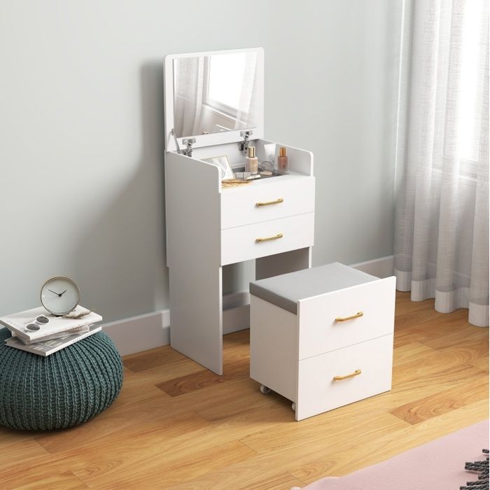 Coiffeuse 3-en-1 blanche en bois avec miroir relevable plateau en verre 2 tiroirs et tabouret à roulettes