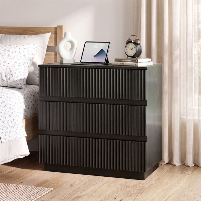 Commode avec 3 Tiroirs - ALIGHTUP - Design cannelés Rangement Meuble Chambre Noir 60 x 33 x 56 cm Commode avec 3 Tiroirs - ALIGHTUP - Design cannelés Rangement Meuble Chambre Noir 60 x 33 x 56 cm