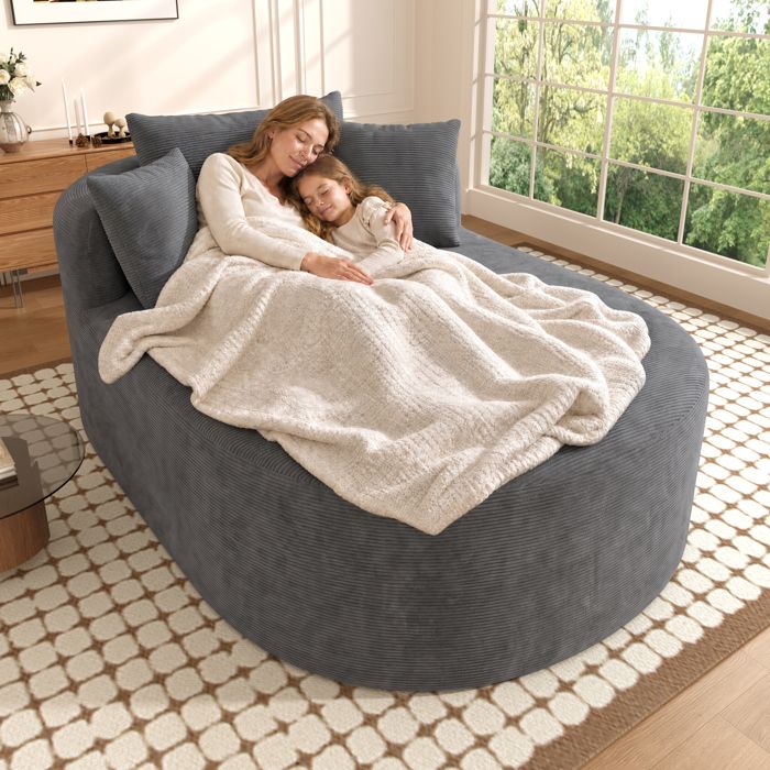 Fauteuil relax ovale 1 place 170x112 5x83 cm canapé lounge compact sans montage mousse à rebond velours côtelé gris