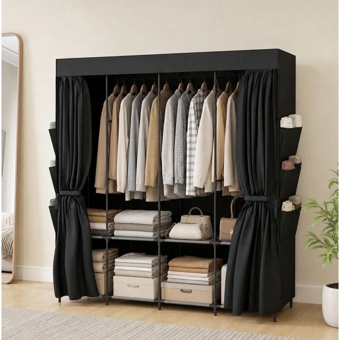Armoire de vêtements pliables noire staubdicht portable 5 tringles 170 x 45 x 167 cm