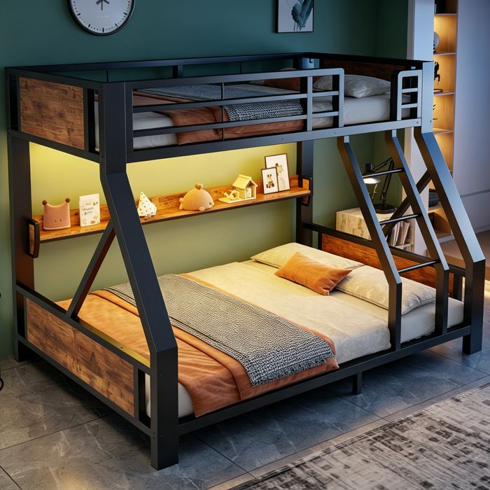 Lit superposé enfant 2/3 places 90/140×200 cm Lit adolescent Lit simple double métal avec éclairage LED étagère de rangement noir