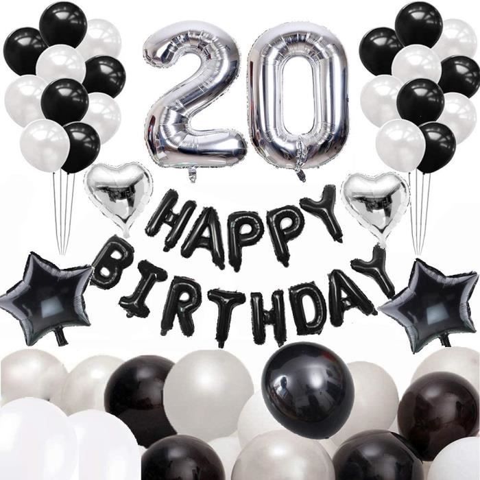 20 Ans Anniversaire Ballons Décorations pour Garçon Homme, 60 Pcs Kit Happy  Birthday Bannière Noir, Argenté Ballon Numéro 20, 4 A757 - Cdiscount Maison