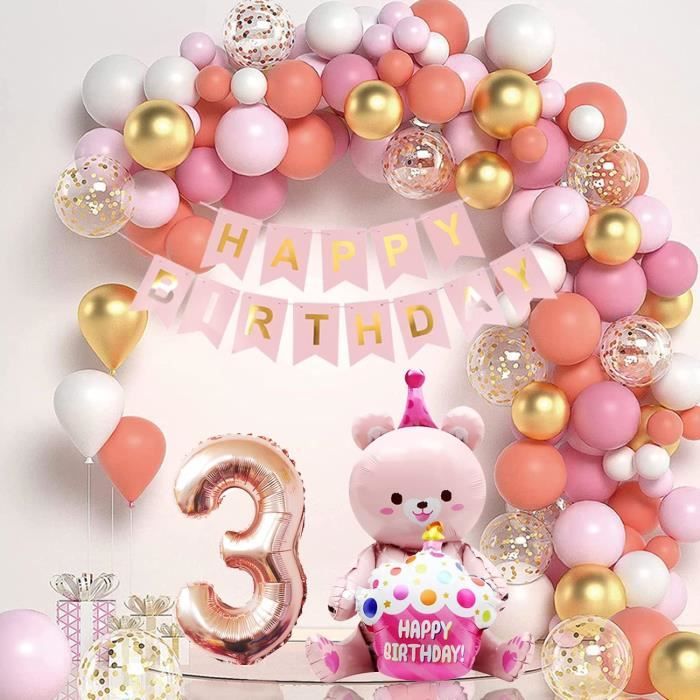 Kit De Ballons Anniversaire "3 Ans" Rose - 1 Ballon Chiffre 40", étoiles, Nœuds, Latex - Pour Fête Fille, Thème Rose, Baby Shower - 5