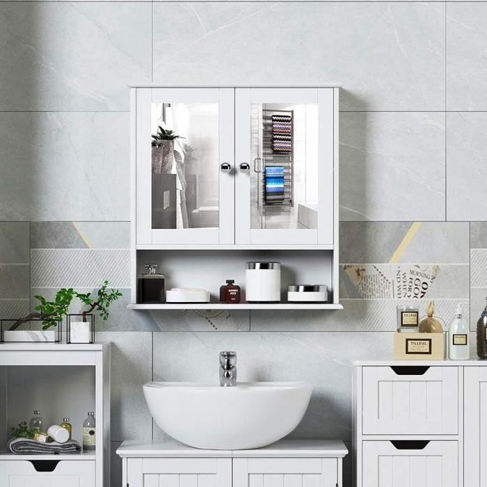 Hek Armoire De Toilette Avec Miroir Pour Salle De Bain Ou Chambre 3 Etageres Et 2 Portes Blanc Achat Vente Armoire De Chambre Hek Armoire De Toilette Avec
