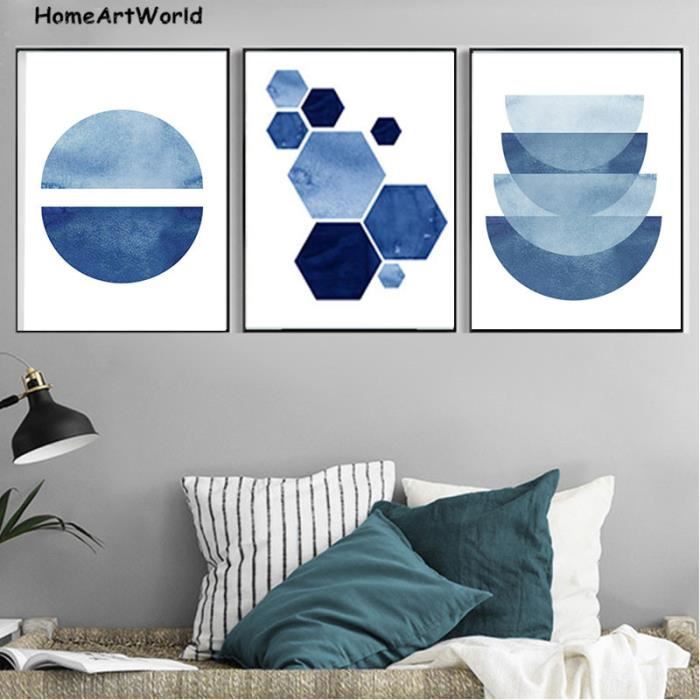 Aquarelle De Mur Bleu Peintures Indigo Marine Geometrique Art Affiches Cercles Minimaliste Rayures Sans Cadre Achat Vente Tableau Toile Cdiscount