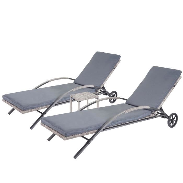 ensemble de 2 chaises longues bain de soleil transat de jardin avec petite table polyrotin gris coussins gris