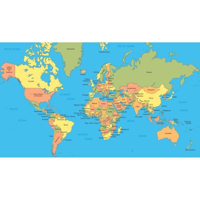 Poster Affiche Carte 6 Monde Avec Nom Des Pays 60x105cm Sur Papier Glaçée