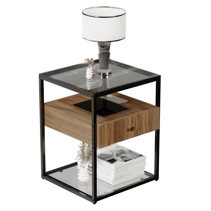 Artloge Table de Chevet Bois Table de Nuit Industrielle à Tiroir Dessus en Verre Trempé pour Chambre Salon 43x43x54cm