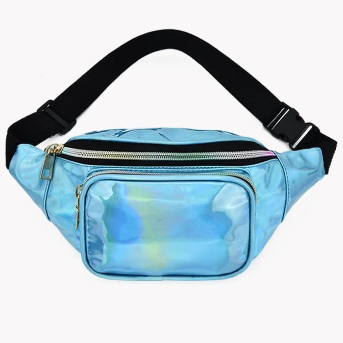 Couleur bleue Sac banane holographique pour femmes, sacoche de taille brillante pour hommes 