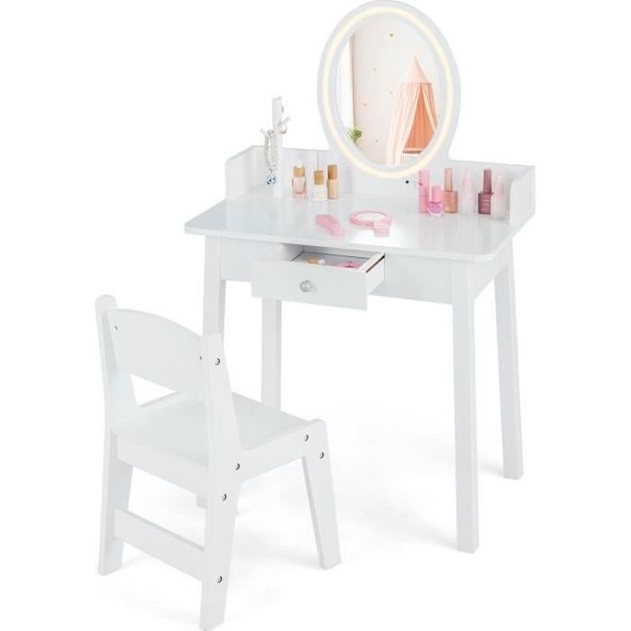 COSTWAY Coiffeuse Enfant avec Chaise Miroir Éclairé LED Bicolore Tiroir et Organisateur de Bijoux en Forme d Arbre 60 x 35 x COSTWAY Coiffeuse Enfant avec Chaise Miroir Éclairé LED Bicolore Tiroir et Organisateur de Bijoux en Forme d Arbre 60 x 35 x