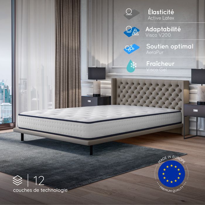Matelas UPSILON 21 140x190 cm-Mousse mémoire de forme adaptative-7 zones Blue-latex + HR-Confort Optimal-Equilibré-Hypoallergénique