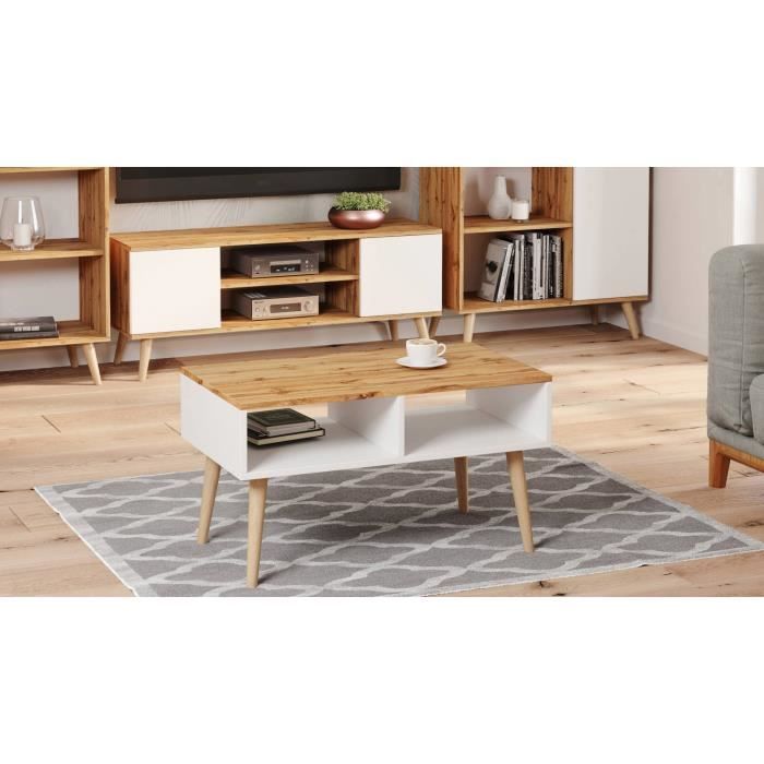 table basse de salon - dmora - style scandi - blanc et érable - 55x90h55 cm