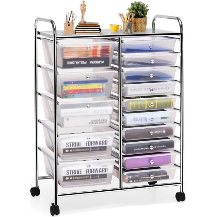 Dreamade Chariot De Rangement Avec 15 Tiroirs En Plastique Tour De Rangement A Roulettes En Fer Pour Chambre 63 X 37 X 87cm Cdiscount Maison
