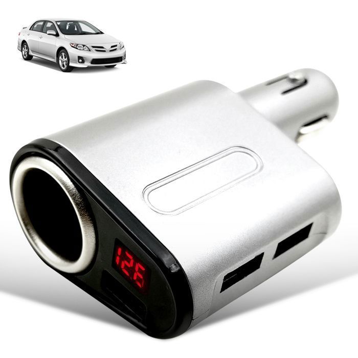 FISHTEC ® Chargeur de Voiture USB 3 en 1 - 3 Ports USB 3,1 A + Prise Allume Cigare + Voltmètre 12-24V - Prise Multiports de Charge