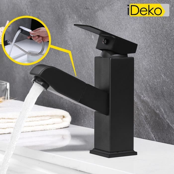Robinet lavabo salle de bain avec doucette tirage iDeko® Noir monotrou en métal