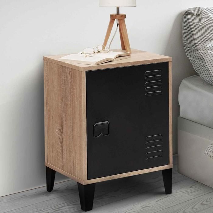 IDMARKET Table de chevet ESTER effet bois 1 porte métal noir design industriel IDMARKET Table de chevet ESTER effet bois 1 porte métal noir design industriel