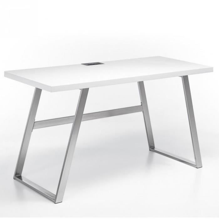bureau droit laqué blanc mat inside 75 - alina - plateau 140x60 cm - piétement métal brossé blanc