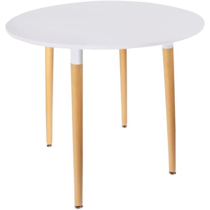 Table Ronde Blanc 76x76cm - Pieds Bois Brut - Style Moderne - Pour Salle à Manger Ou Salon - HOME DECO FACTORY