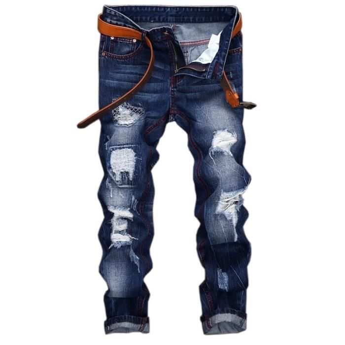 Pantalon en Jeans troue personnalise Delave Pantalon denim Homme hipster Broderie Epissure 52 Bleu fonce Bleu fonce Cdiscount Pret a Porter