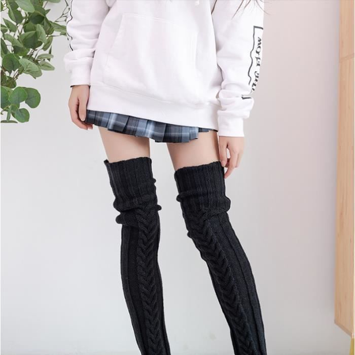 Lot De 3 Paires Chaussettes Hautes Cuisse - Noir, Gris Foncé, Blanc - Coton - Taille Unique