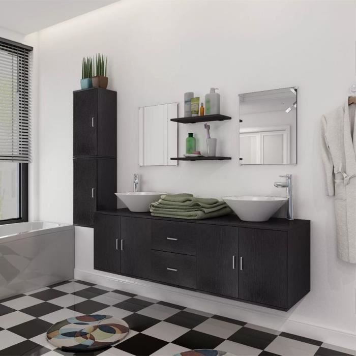 Meuble De Salle De Bain 11 Pcs Avec Lavabo Et Robinet Noir Achat