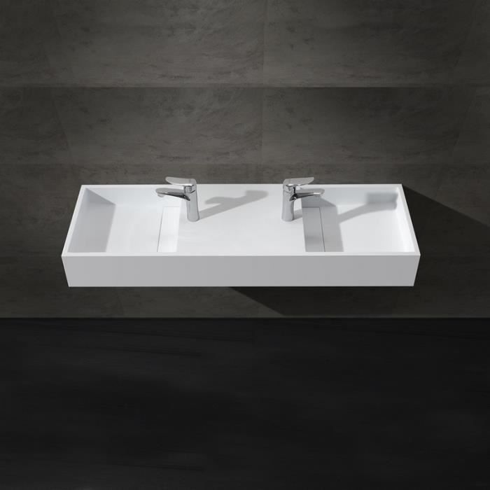 Lavabo double vasque suspendu - RUE DU BAIN - Twins - Solid surface blanc mat - Rectangulaire - Blanc - 40 cm