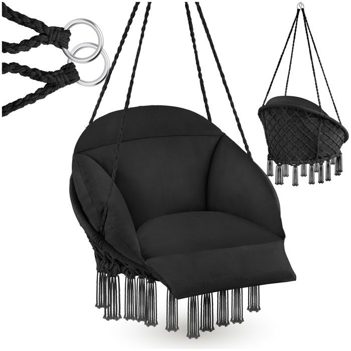 Fauteuil suspendu - TECTAKE - Siège suspendu SAMIRA avec cordes coussins pompons et maintiens solides 80 x 81 x 139 cm - Noir