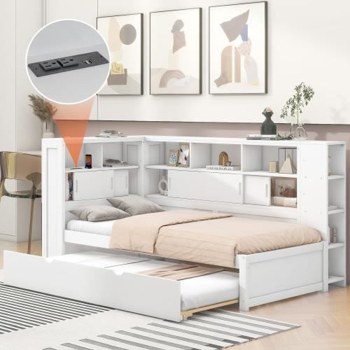 Lit plateforme enfant, avec lit gigogne, lit plateforme avec compartiment de rangement avec USB