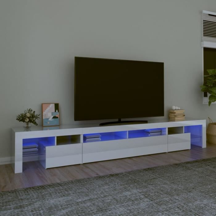 "sale 2024" meuble tv avec lumières led jms - banc tv blanc brillant 260x36,5x40 cm 52,kg 1527