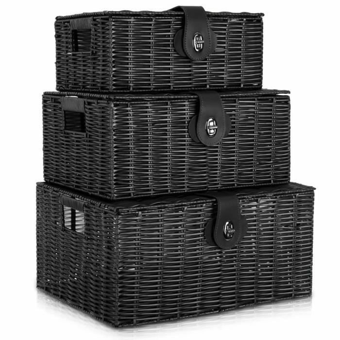 UNI Lot de 3 Panier de Rangement en Rotin avec Couvercle Boîte de Rangement Noir pour Chambre Salon
