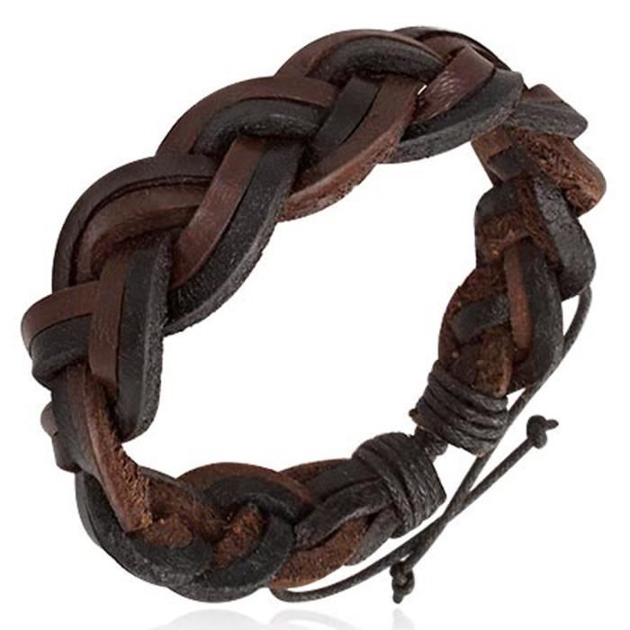 Zense - Bracelet homme ZB0053 en cuir marron et noir tressé ajustable