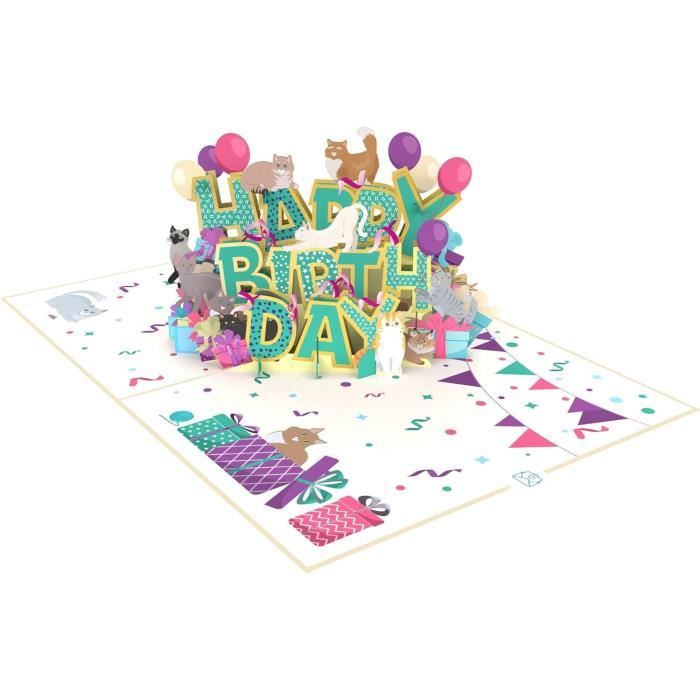 Carte pour anniversaire en 3D  aux motifs chats jouants avec des pantes