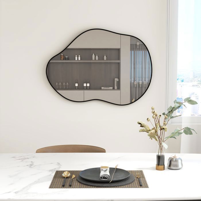 Miroir Mural Décoratif Moderne 78x56.5 Cm - Forme Irrégulière, Cadre Métal Noir - Pour Salon, Entrée, Salle De Bain - 9