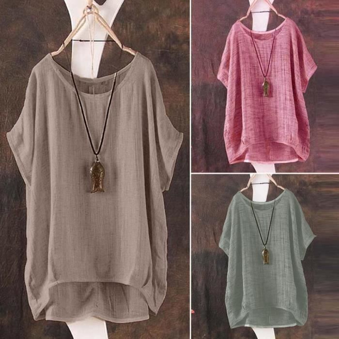 Chemise Lin Femme Col Rond Manches Courtes Imprimée - Top Chic Lâche Respirant En Coton Lin, Grande Taille Casual Élégante