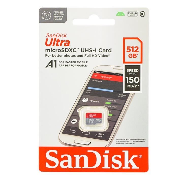 Carte MicroSD 512 Go + Adaptateur - Vitesse Lecture 140 Mo/s, Classe 10, U3, V30 - Parfaite Pour 4K, Smartphones, Drones