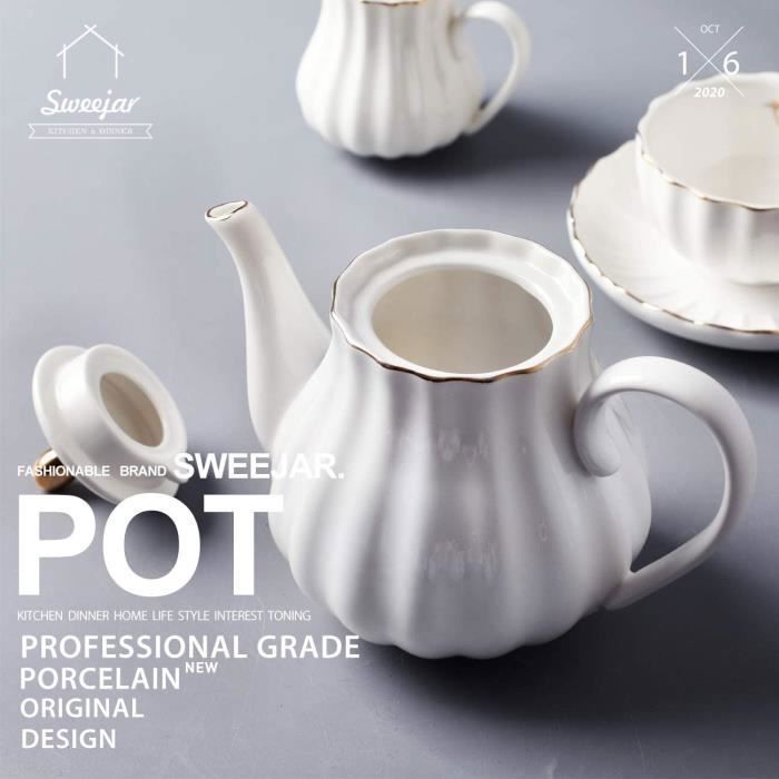 Théière En Porcelaine Avec Infuseur 890 Ml - Forme Citrouille, Dorures - Pour Thé, Café, Lait - Cadeau Maison