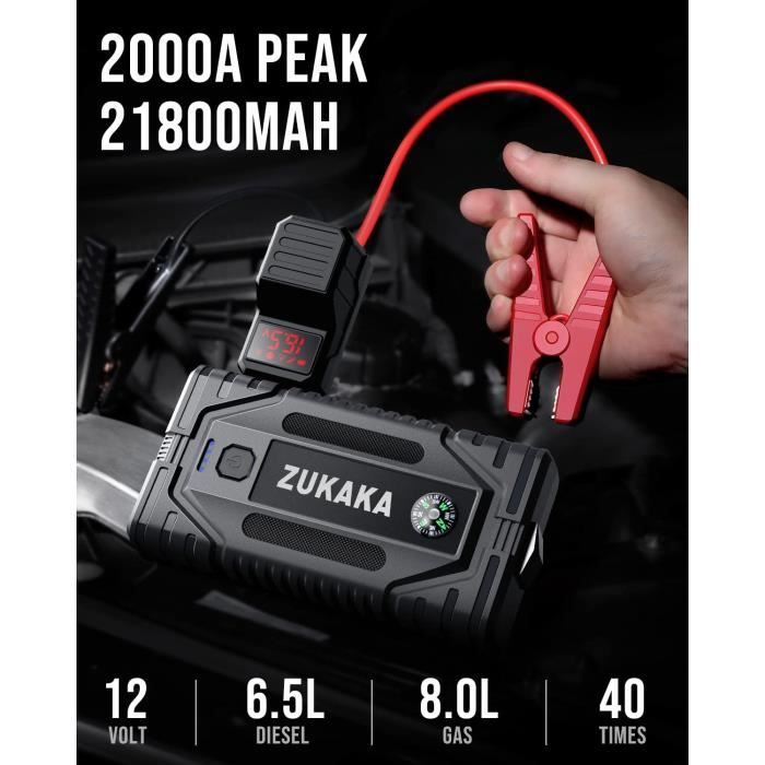 Booster Batterie 2000A 21800mAH, 12V Démarreur de Voiture Portable ZUKAKA  (Jusqu'à 6.5L Diesel ou 8.0L Gaz), Jump Starter avec Pinc - Cdiscount Auto
