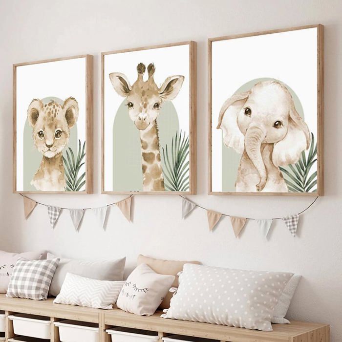 Lot 4 Affiches Animaux Safari Chambre Bébé - 21x30 Cm Chaque - Toile Coton 320gsm - Lion, éléphant, Girafe, Zèbre - 7