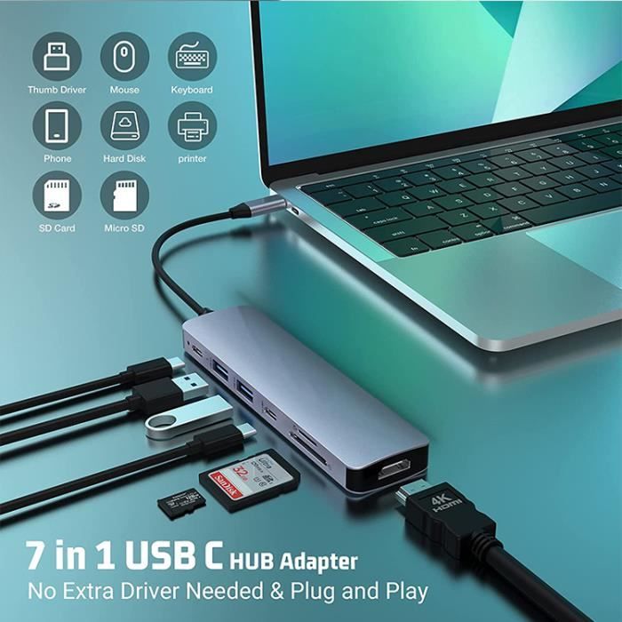 7 Ports Hub USB Alimenté, HOPDAY Hub USB 3.0 avec commutateurs individuels  LED avec Adaptateur d'alimentation Câble Long de 1m pour MacBook, Surface